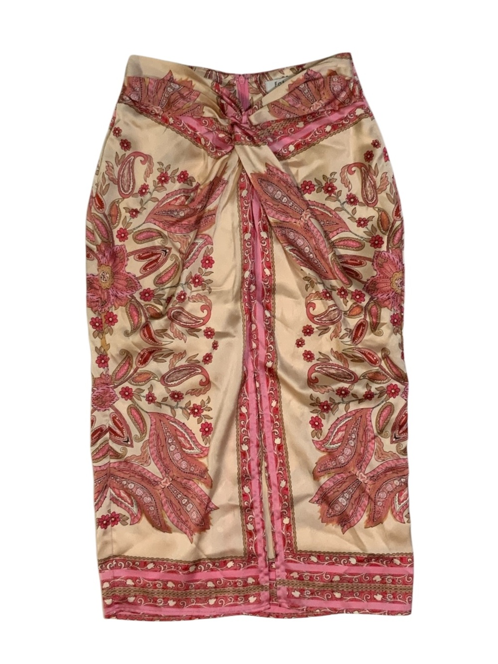Fate Paisley Print Satin Midi Skirt with Front Knot Detail